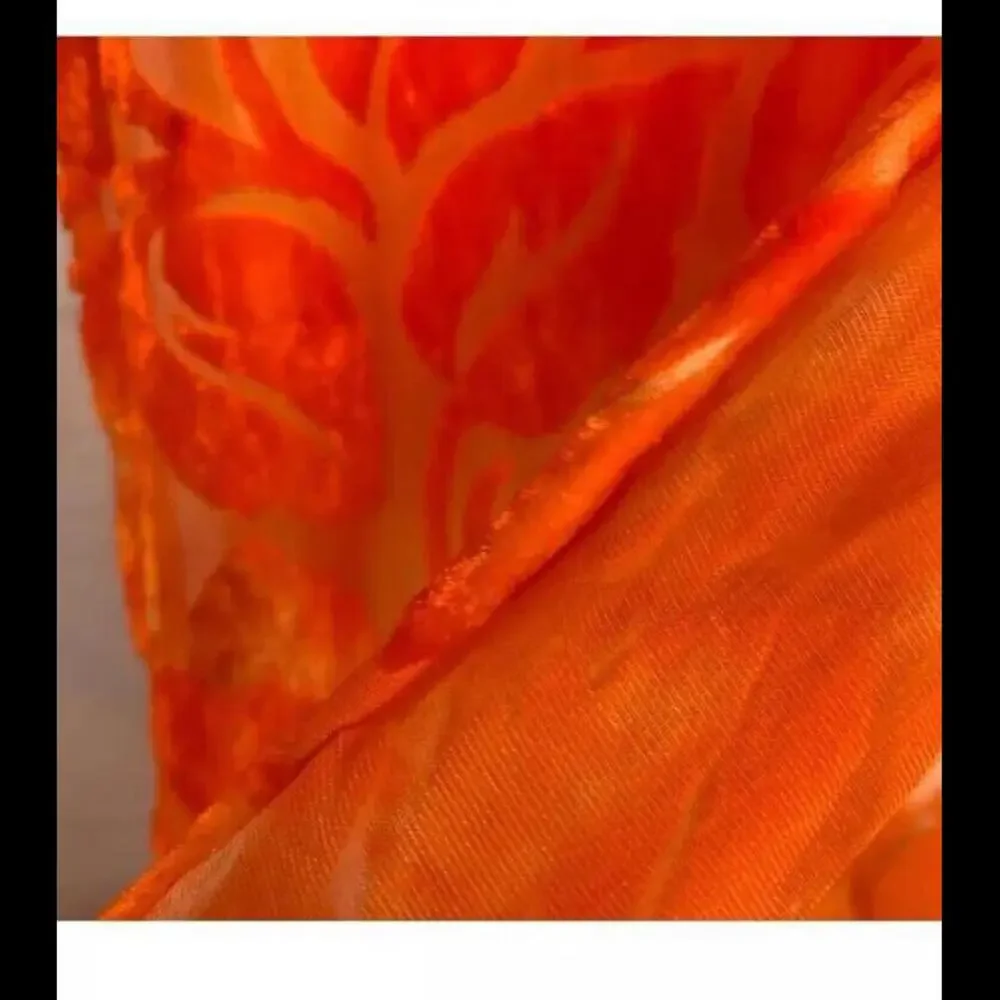 👠🥻Orange Long Scarf Hand Rolled Edges Burn Out Silk Blend Fringe 51 X 9